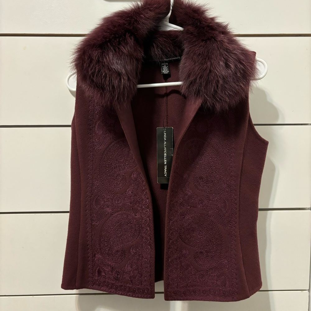 Linda Allard Ellen Tracy Wool Fur Trim Vest NWT - Picture 2 of 6